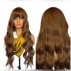 WIG 30” Long Curly Chestnut Wig with bangs natural look. for daily use
